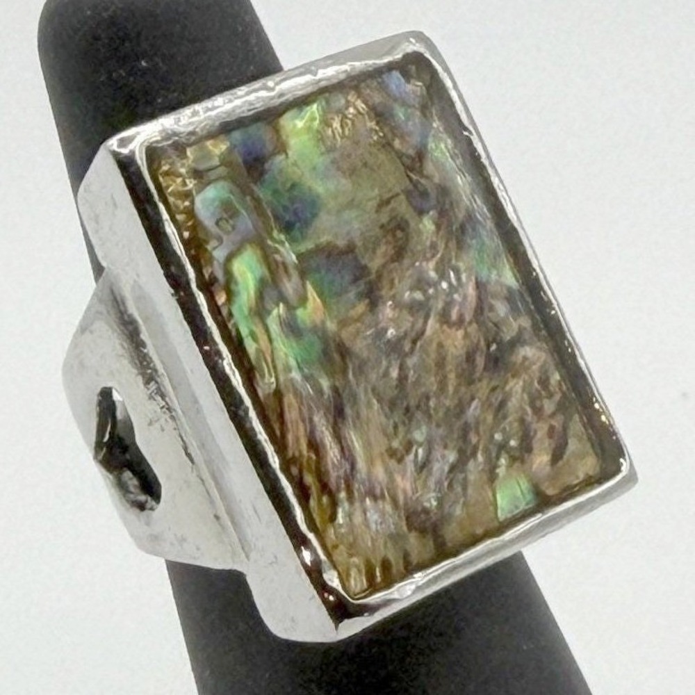 New Abalone Shell Ring Size 6.5 Silver‎ Tone Heart Band Rectangular Statement